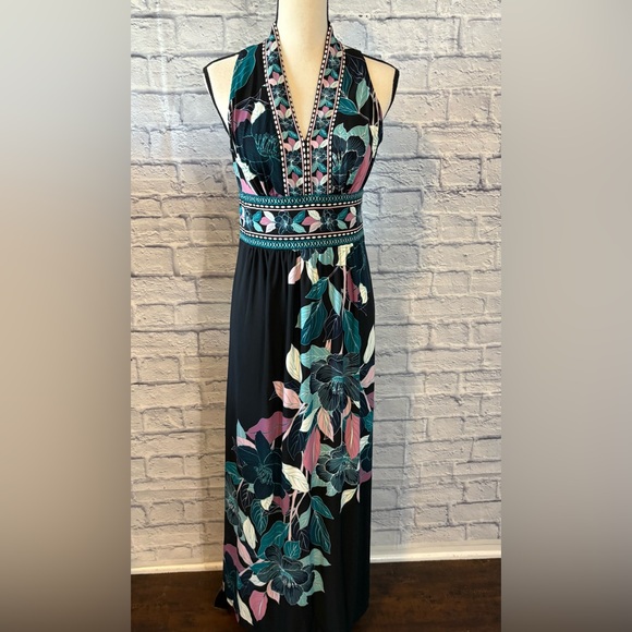 Wisp Dresses & Skirts - Chic Black Maxi Dress with Pink and Teal Floral Design